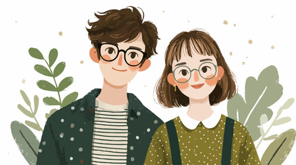 Obraz premium メガネをかけた若いカップルが植物に囲まれて微笑んでいる、イラストレーション。