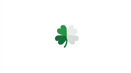 A graphic illustration of a four leaf clover divided into two distinct color sections green and white, set against a plain white backdrop.