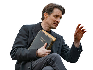 Distinguished gentleman holds book giving presentation or speech with passionate gesture transparent background