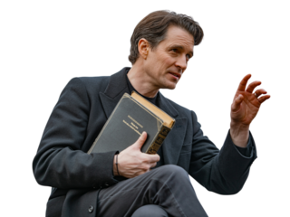 Distinguished gentleman holds book giving presentation or speech with passionate gesture transparent background