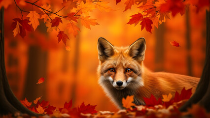 Obraz premium A captivating red fox emerges from a vibrant autumn forest, its piercing gaze reflecting the wild beauty of a colorful fall landscape