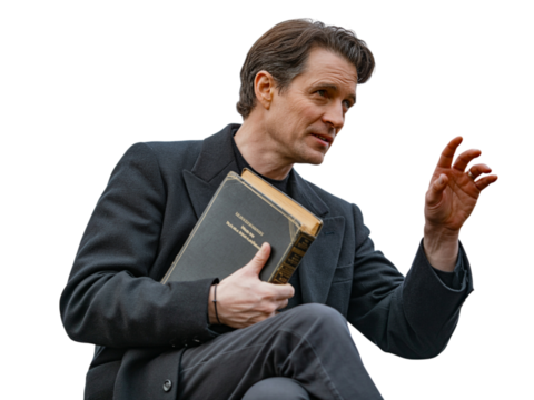 Distinguished gentleman holds book giving presentation or speech with passionate gesture transparent background