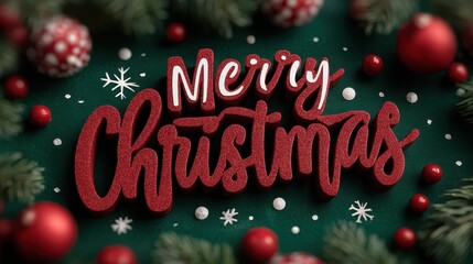 Festive 3D Merry Christmas greeting with vibrant red lettering and holiday ornaments on green background