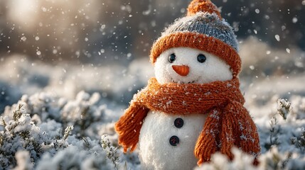 A charming snowman warmly dressed for a winter wonderland scene with falling snowflakes, evoking joy and festive spirit
