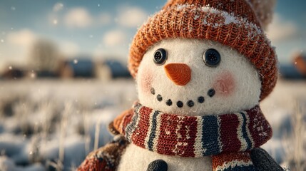 Charming snowman with a warm hat and scarf smiles in a winter wonderland, evoking holiday cheer and cozy vibes