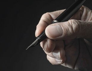 Close-up view of an elderly hand holding a black fountain pen against a dark background