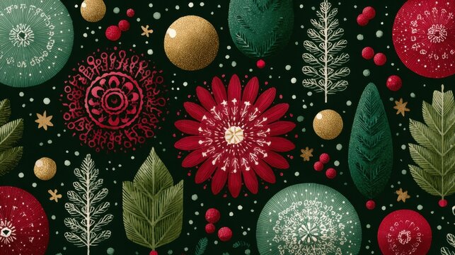 Elegant Christmas floral design with festive red, green, and gold elements for holiday decor and seasonal celebrations