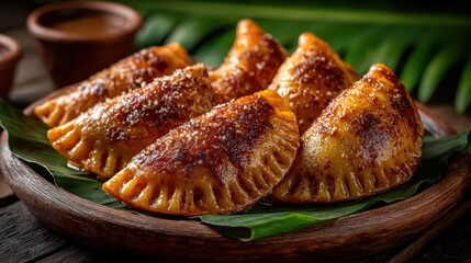 Golden-brown fried Empanadas arranged on a wooden plate, offering a taste of authentic cuisine and culinary delight