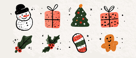 手描きのクリスマスモチーフのベクターイラストで、雪だるま、クリスマスツリー、プレゼント、ジンジャーブレッドマンなどが描かれています。