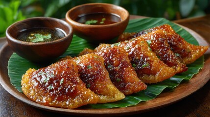 Delicious golden Asian dumplings served with dipping sauces on a wooden plate for culinary delight