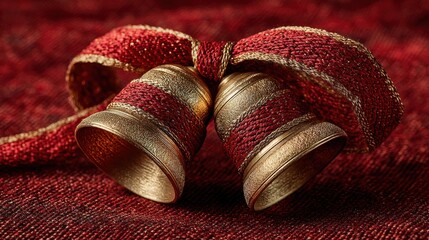 Elegant Christmas bells with shimmering gold accents and festive red ribbon on luxurious textured fabric background