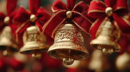 Elegant gold Christmas bells with red bows create festive, joyful holiday decorations for Christmas season
