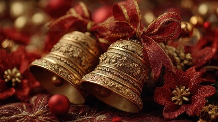 Elegant Christmas bells with festive red bows and ornaments create a warm, inviting holiday atmosphere