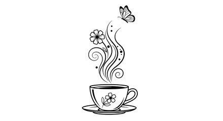 Delicate teacup with floral design, rising steam, flower, and butterfly in black and white
