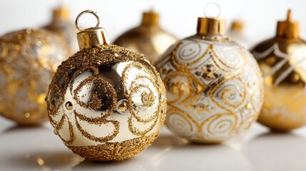 Elegant gold and white Christmas ornaments sparkle with holiday cheer, perfect for festive seasonal designs