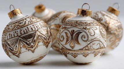 Elegant Christmas ornaments with gold detailing, perfect for festive holiday designs and seasonal decor