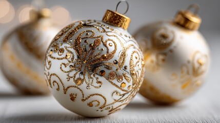 Elegant Christmas ornaments with gold glitter details, perfect for holiday decorations, evoking joy and festive spirit