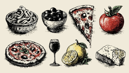 手描き風のイタリア料理のイラストセットは、ベクターデータで様々な料理のクリエイティブなデザインに活用できます。