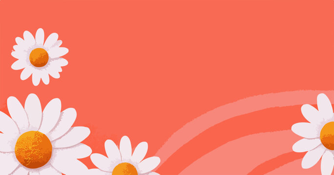 コーラルピンクの背景に白いデイジーの花が咲き誇る、春らしいベクターイラストレーションで、穏やかで優しい雰囲気のデザインです。