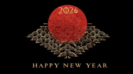 Elegant Happy New Year 2026 greeting card design with traditional Japanese art style and gold accents on black