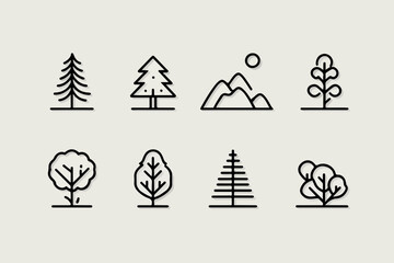 シンプルな線画で描かれた様々な種類の木や山などの自然のアイコンセットは、デザインプロジェクトに多様性と自然の要素を加えます。