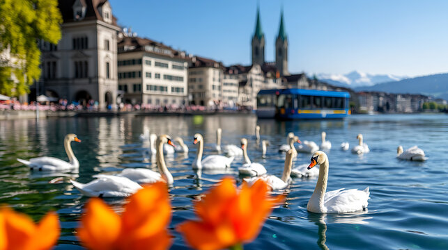 Graceful swans gliding on the serene lake waters. A cityscape backdrop with historic buildings and distant mountains completes this idyllic scene. #swanlake