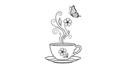 Floral Tea Cup with Butterfly, Black and White Line Art Illustration