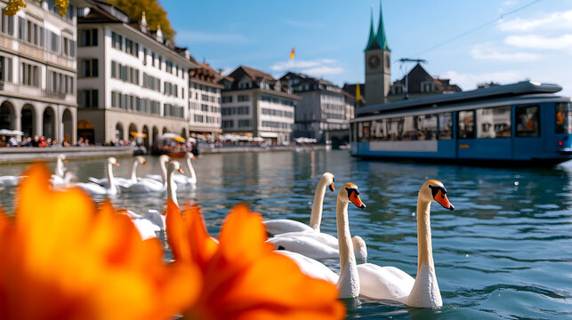 Elegant swans glide on the shimmering river, their graceful forms mirrored in the water's surface. A distant clock tower and blue trolley frame a peaceful urban scene.