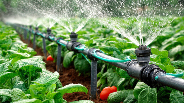 Sprinklers distributing water over rows of lush green plants, ensuring efficient crop growth and sustainable farming practices - Powered by Adobe