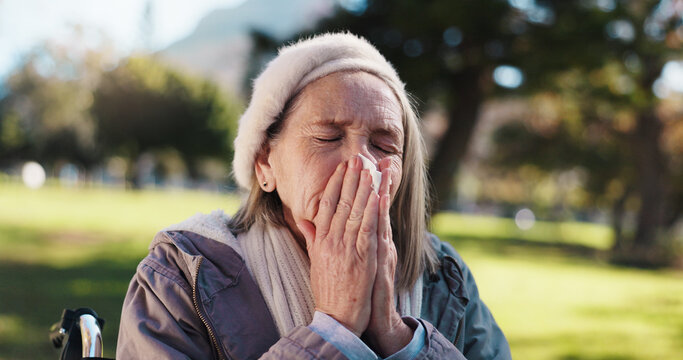Old woman, tissue and blowing nose in park with flu for sickness, hayfever and sinus infection. Elderly person outdoor, allergies and health problem with toilet paper, congestion and virus symptoms.