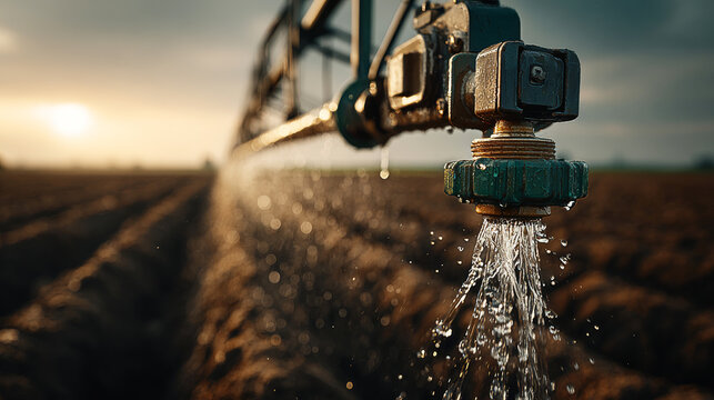 Sprinkler head spraying water onto a prepared agricultural field with rows of soil, highlighting efficient irrigation and crop hydration