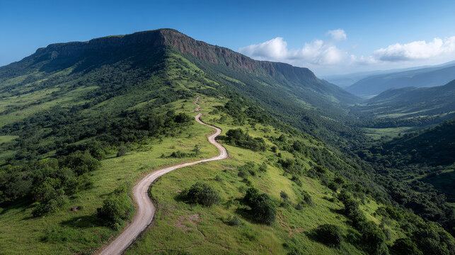 Dirt road traveling along a lush green mountain ridge, offering an aerial view of the expansive valley and distant mountains