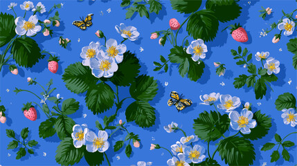 青い背景にイチゴの花と葉、そして蝶が舞う可愛らしいベクターパターン