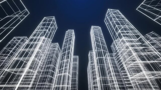 Futuristic wireframe city skyline with glowing architectural structures against a dark blue background, representing digital urban planning and technology.