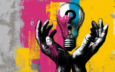 疑問符の電球を抱える両手、抽象的な背景にアイデアと創造性の概念を表す