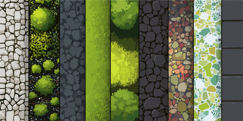 緑豊かな植物や石畳、テラゾーなど、様々なテクスチャを組み合わせたベクター素材集。