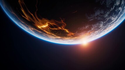 Sunrise over burning planet horizon reveals molten lava rivers across scorched land and thin atmosphere glow as space light touches earth edge with crater ridge and fire streaking to distant black - Powered by Adobe