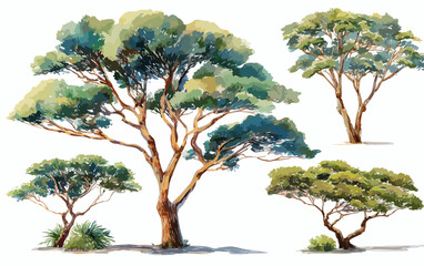 水彩画で描かれた、さまざまな種類の木が描かれたベクターイラスト。自然、植物、風景、デザイン要素、背景素材として最適です。