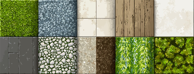 さまざまなテクスチャのパターンを組み合わせた、多様なデザインのベクターイラストレーションです。自然、石、木、葉などの質感表現が特徴的です。