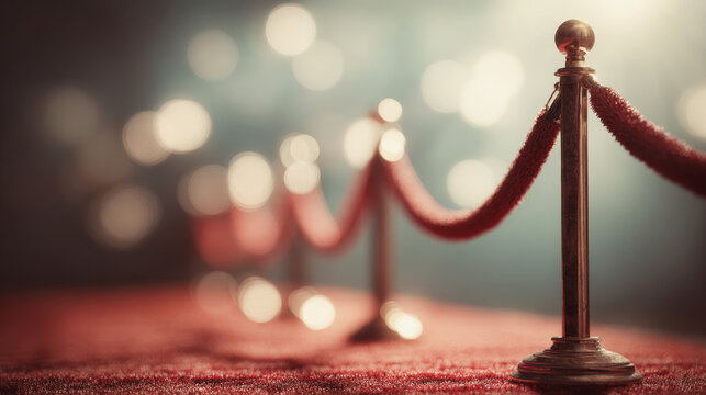 Red carpet leading along a path defined by golden stanchions and velvet ropes, signifying an exclusive welcome or premiere - Powered by Adobe