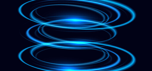 Blue circles glowing overpping on dark blue background. Speed motion moving movement concept.