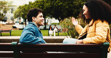 University, students and people on bench, discussion and feedback for assignment, humor and break....