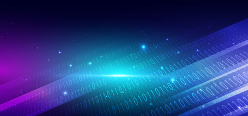 Abstract digital data binary code diagonal on blue background with light effect. Technology cyberspace concept.