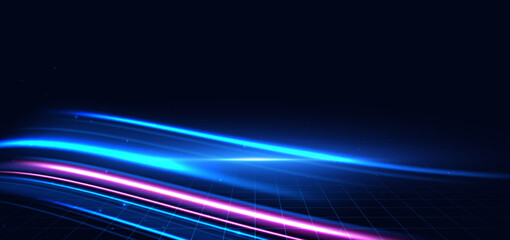 Scene blue and pink wave rays on dark blue background. Technology hi speed background.