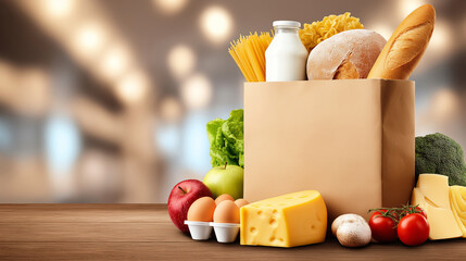 Brown paper bag filled with fresh groceries including bread, pasta, fruits, vegetables, and dairy products on a wooden table