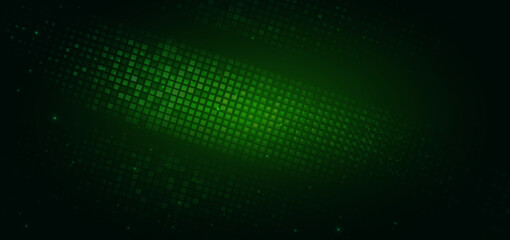 Abstract green square pattern overpping glowing on dark green background.
