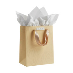 Elegant beige gift bag with white tissue paper isolated on transparent background