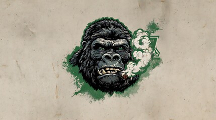Angry Gorilla Smoking Cigar with Green Splatter on Textured Photo Background primate