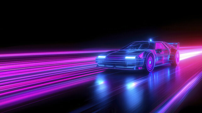 Futuristic car racing through neon lights, showcasing vibrant synthwave aesthetic and dynamic motion