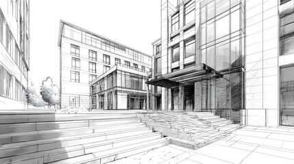 Fototapeta premium Architectural sketch of modern office buildings with glass facade and stairs architecture Photo